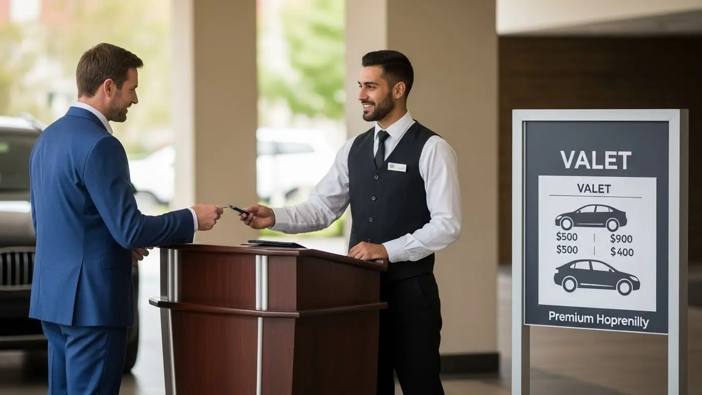 Customer tipping a valet attendant beside pricing signage at a professional valet service.