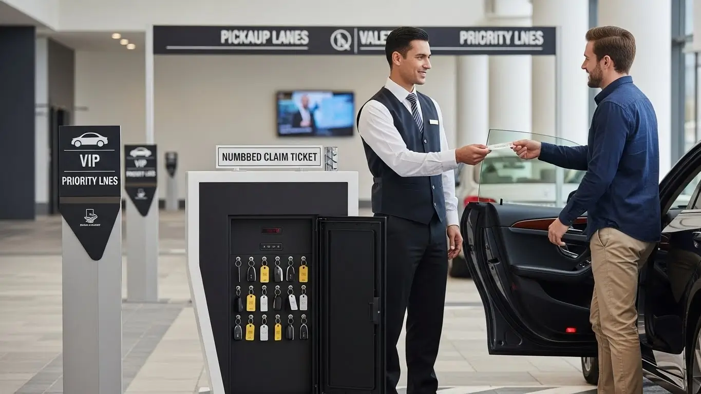 Male valet handing claim ticket at podium with secure car key storage.