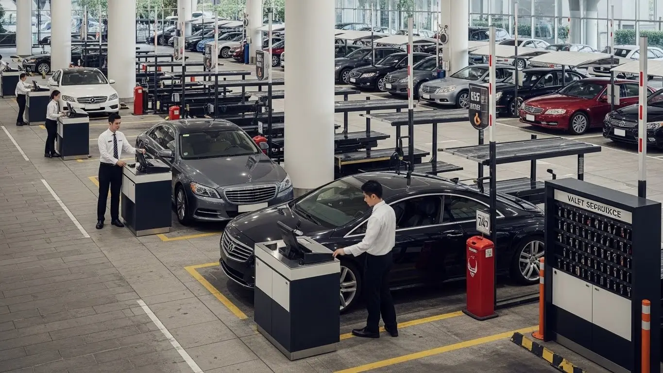 Male valet parking a car at a busy venue with organized lanes and secure key storage.