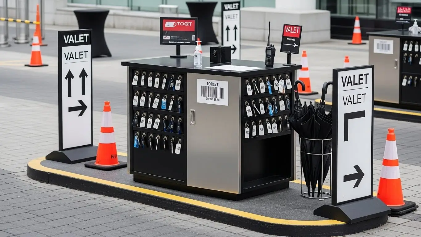 Professional valet setup showing podium, key control system, and traffic guidance tools.