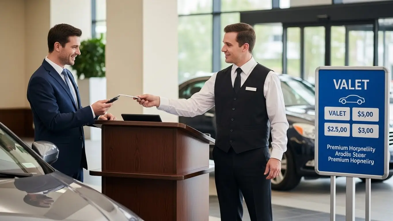 Valet parking fee and tipping interaction at an upscale hotel entrance.
