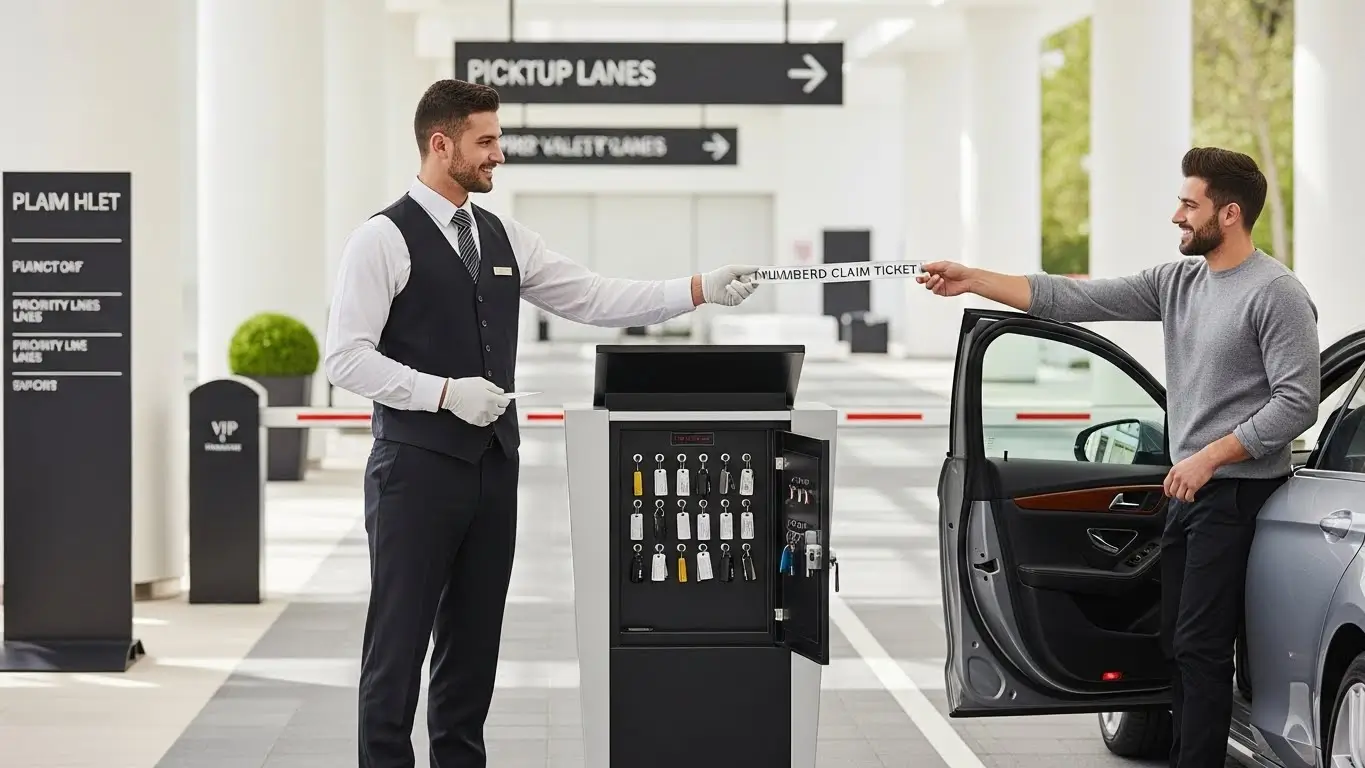 Valet service showing ticket and key control for fast vehicle retrieval.