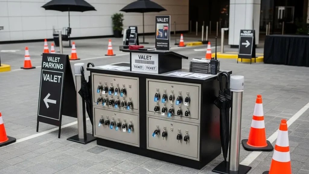 valet podium with secure key cabinet, tickets, and equipment for organized parking service.